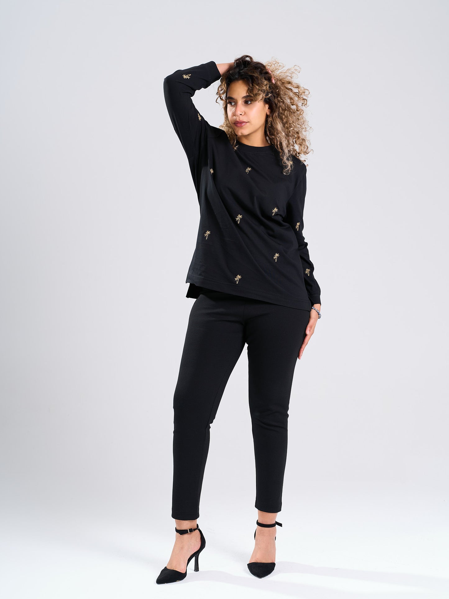 Black Mini Palm Print Long Sleeve T-Shirt