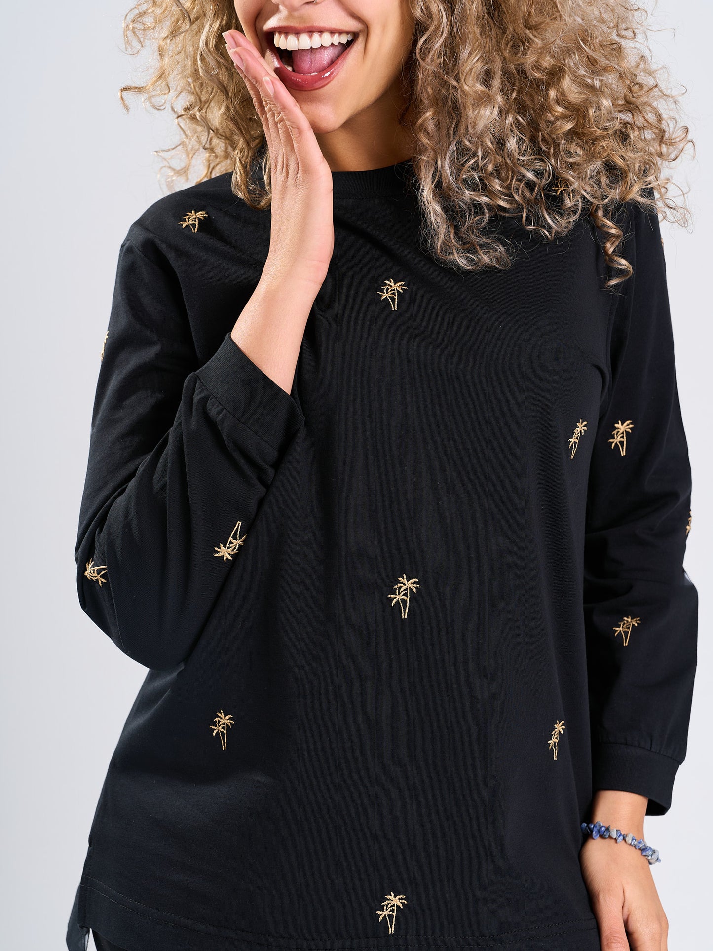 Black Mini Palm Print Long Sleeve T-Shirt