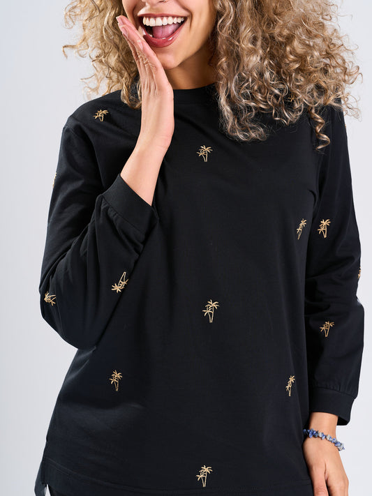 Black Mini Palm Print Long Sleeve T-Shirt
