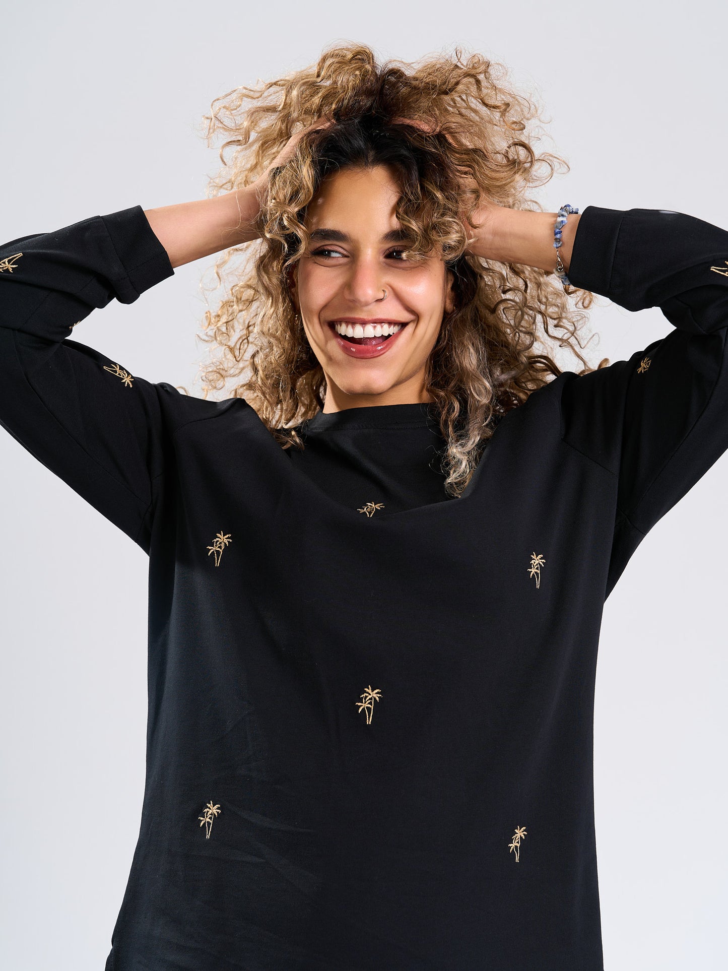 Black Mini Palm Print Long Sleeve T-Shirt
