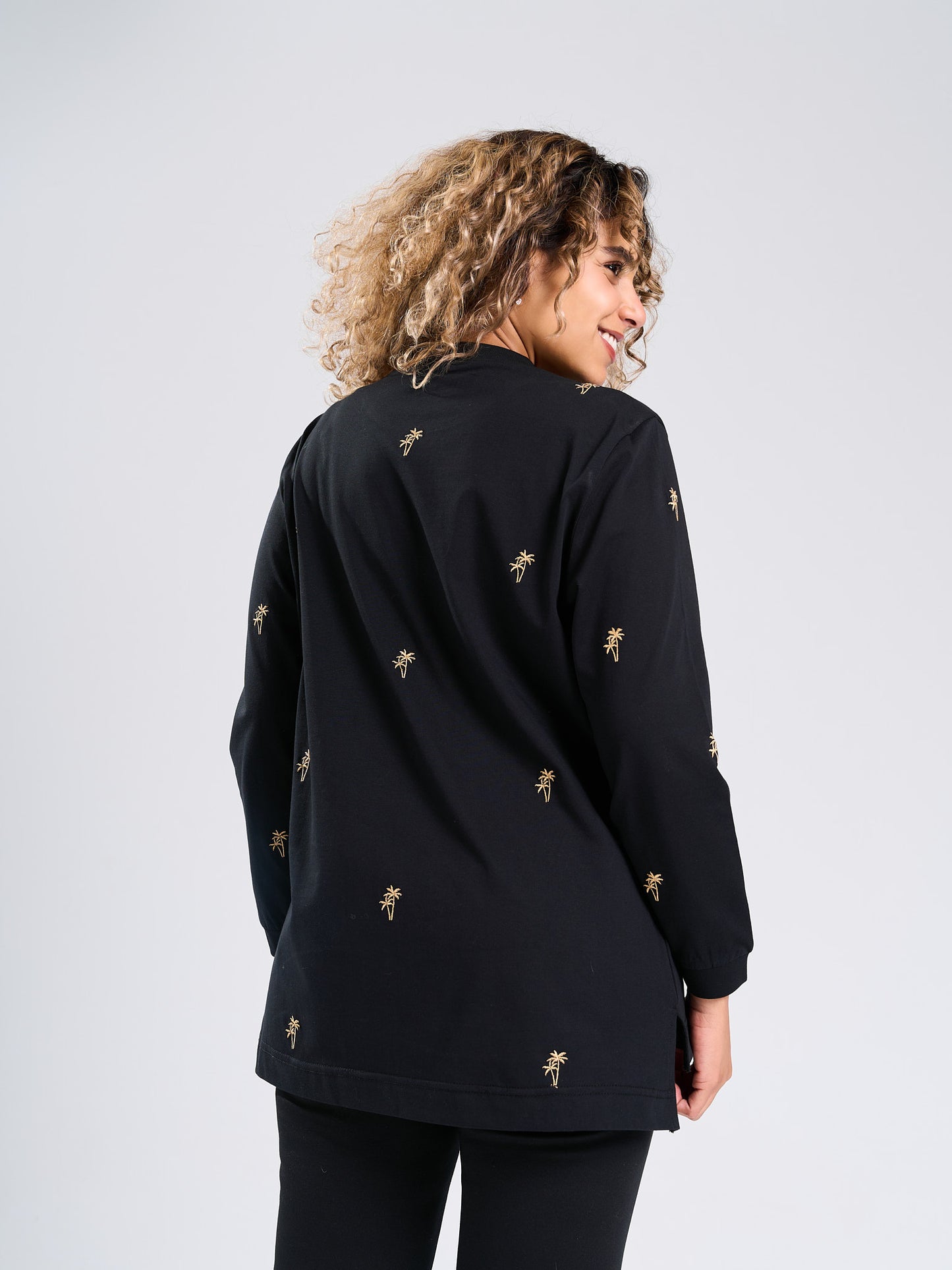 Black Mini Palm Print Long Sleeve T-Shirt