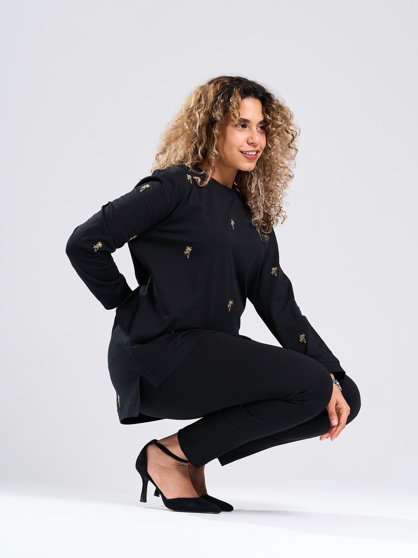Black Mini Palm Print Long Sleeve T-Shirt