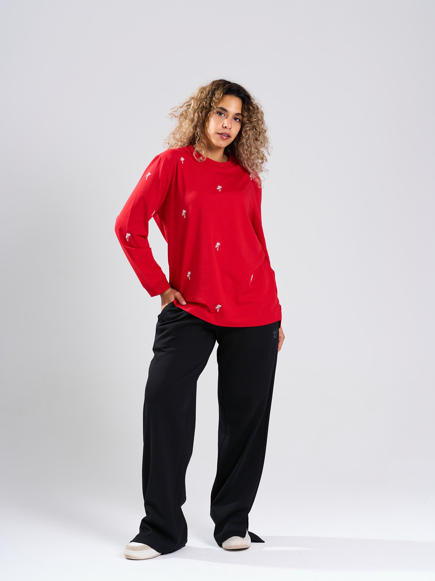 Red Mini Palm Print Long Sleeve T-Shirt