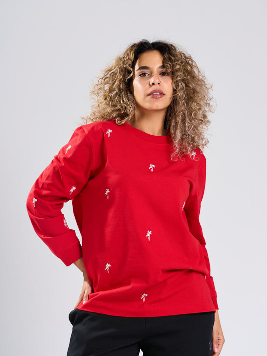 Red Mini Palm Print Long Sleeve T-Shirt