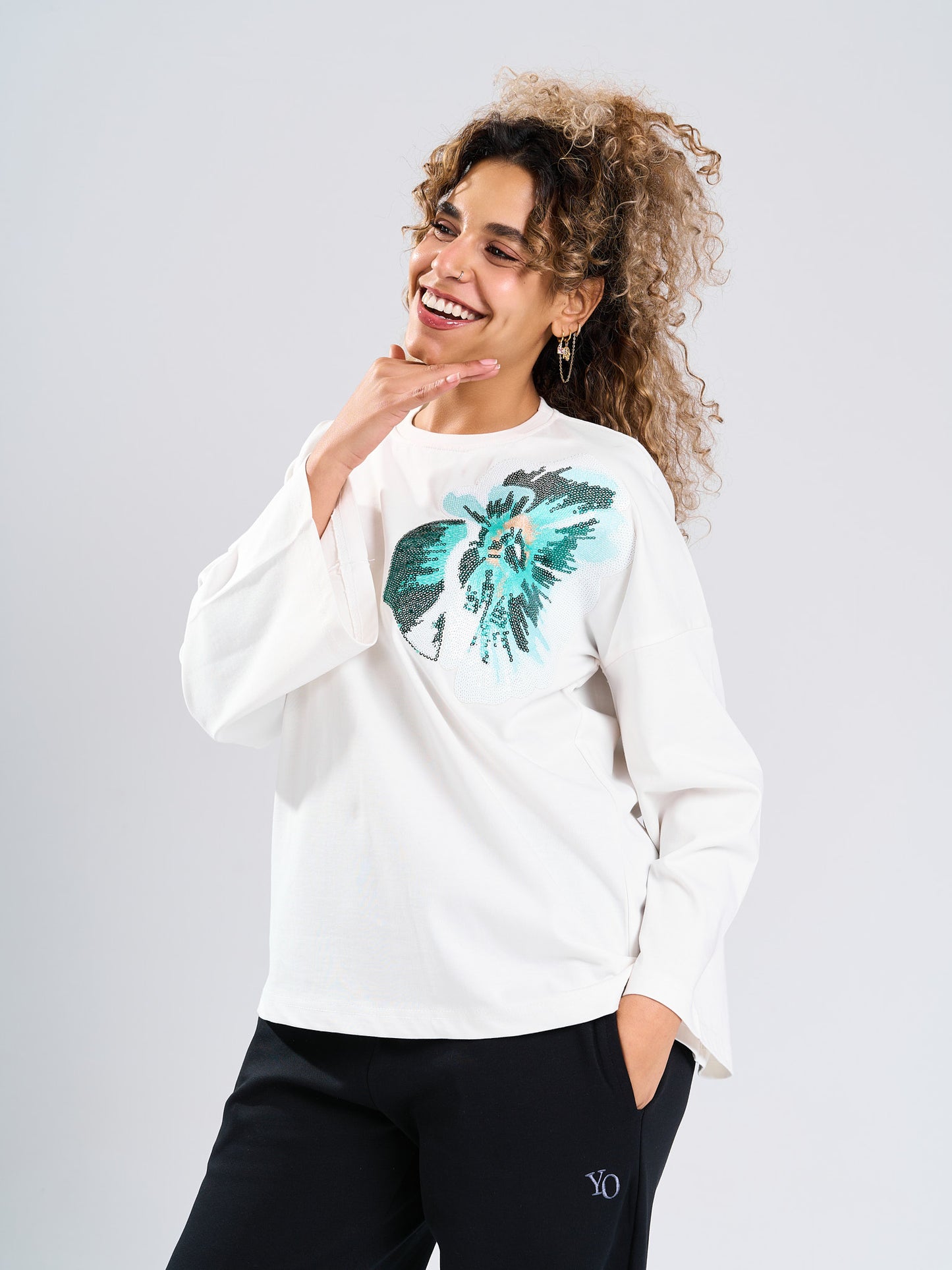 Emerald Bloom Sequin Long Sleeve Tee